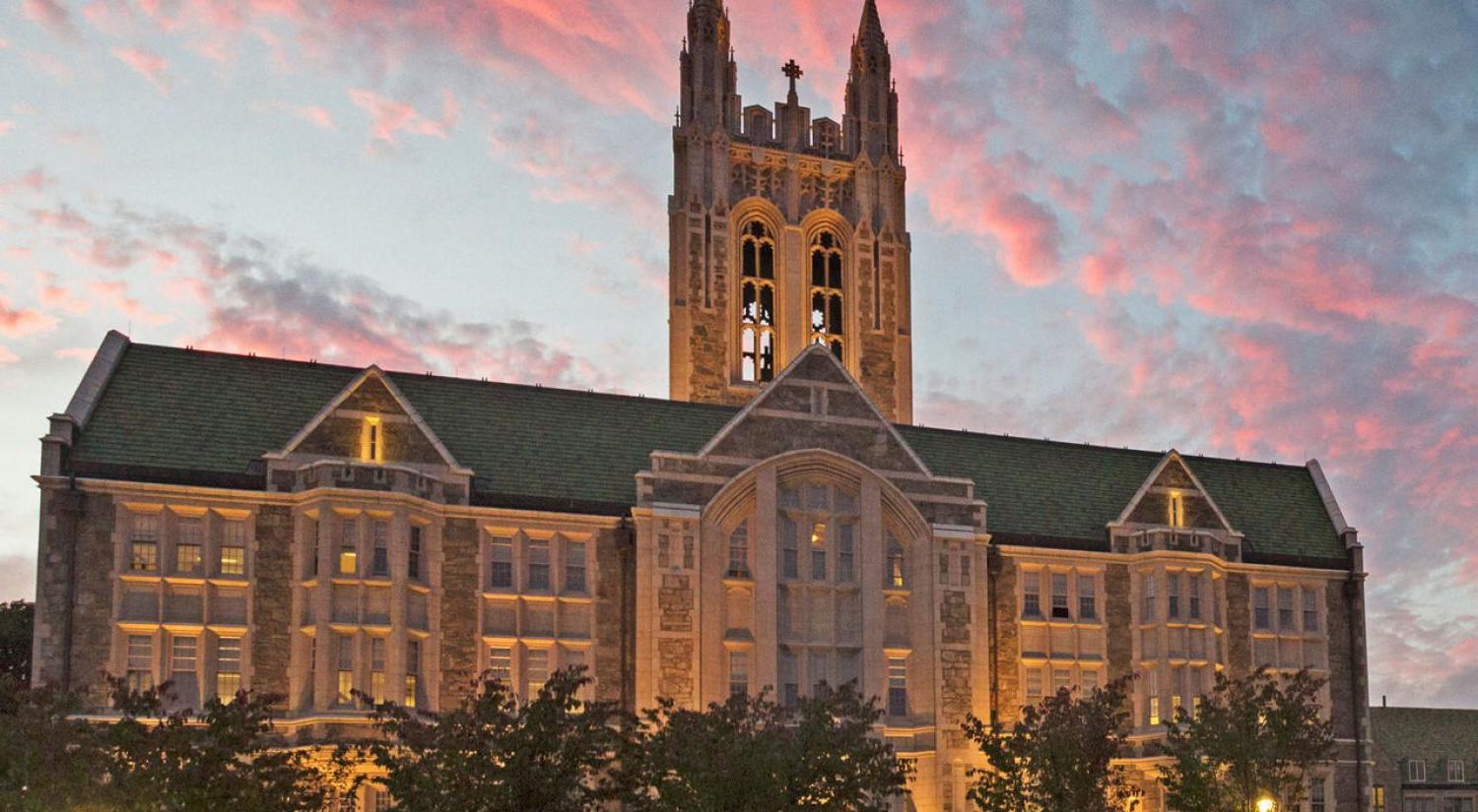 An aerial view of Gasson Hall and Boston College's campus