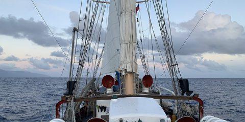 The deck of a large sailboat