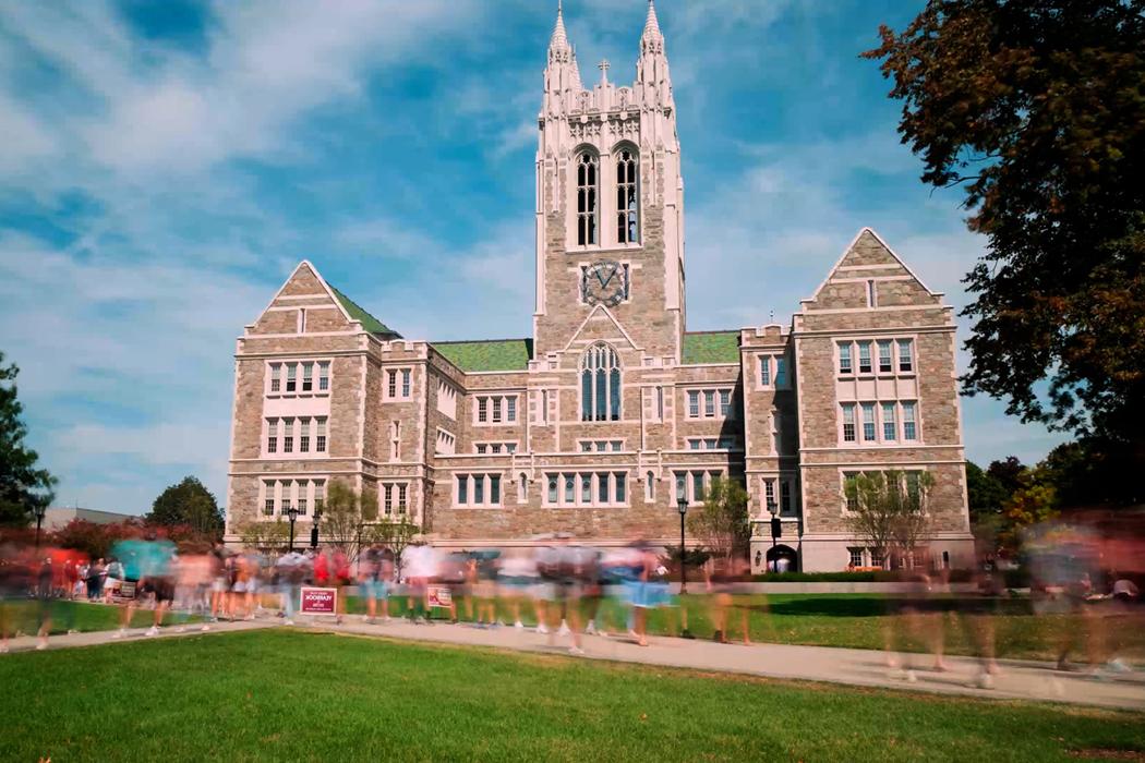 Gasson Hall with tulips in front